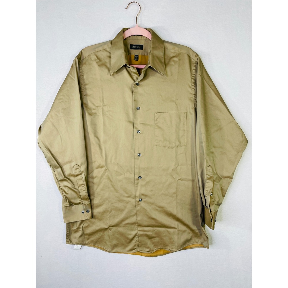 Arrow Mens Wrinkle Free Button Down Shirt Tan Khaki Long Sleeve 15.5 32/33 M